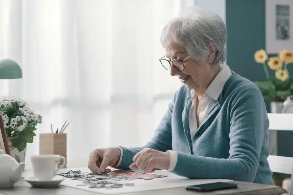 Older adult seated at a table and engaging in a calm, focused activity in a memory care setting.