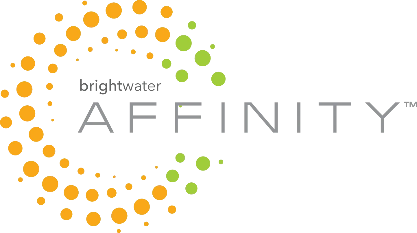 Logo for AFFINITY Intelligent Automation, featuring grey text and an abstract design of orange and green circles and squares.