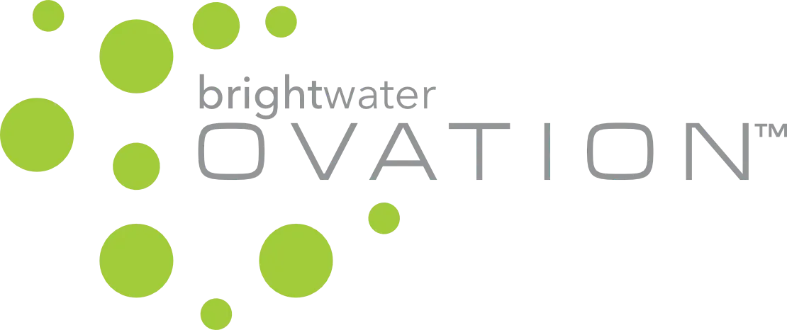 Abstract logo for brightwater OVATION with green circles and connecting lines on a black background.