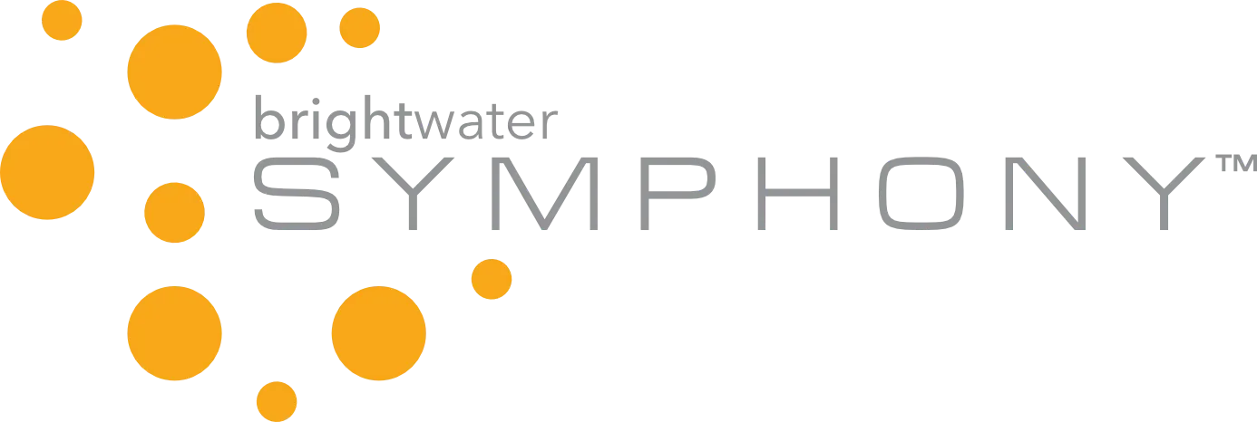 Logo for Intermountain SYMPHONY with pixelated grey text and orange circles on a black background.