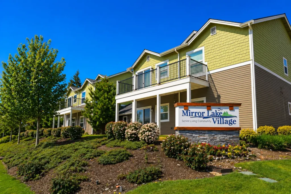 Exterior of Mirror Lake Village Senior Living Community building with balconies, green gables, and landscaped grounds.