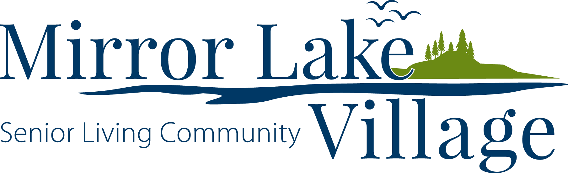 Logo for Mirror Lake Senior Living Community Village with stylized natural elements.