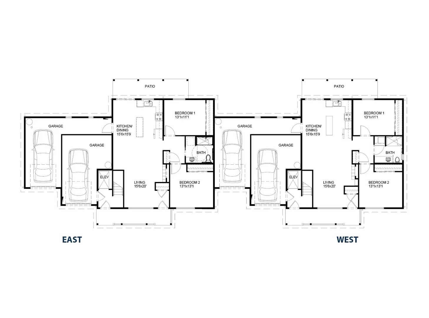 Detailed floor plan of two residential units, East and West, showing two bedrooms, kitchen, living room, bathroom, patio, and garage.