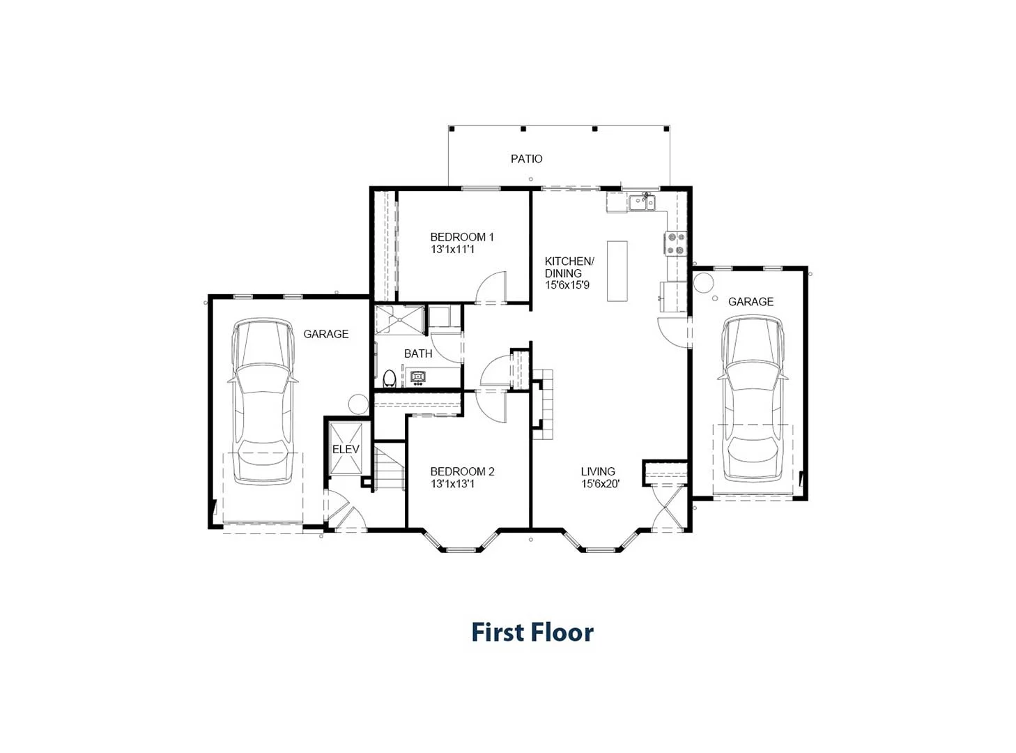Black and white floor plan of a first-floor residence at Mirror Lake, featuring two bedrooms, two garages, a kitchen, dining area, living room, and patio.