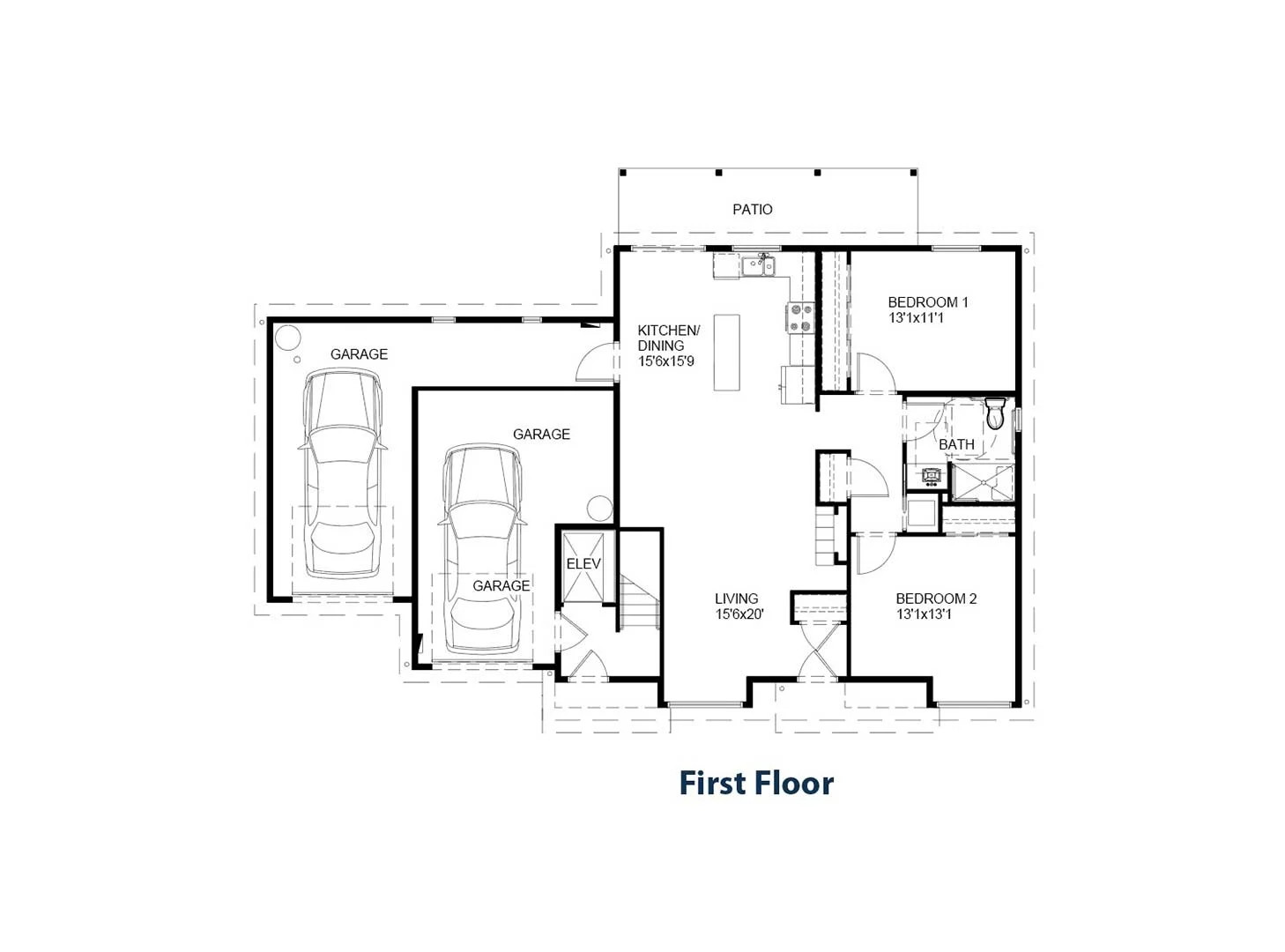 Top-down floor plan of a first-floor residential unit, detailing a kitchen, living room, two bedrooms, two bathrooms, a garage, and a patio.