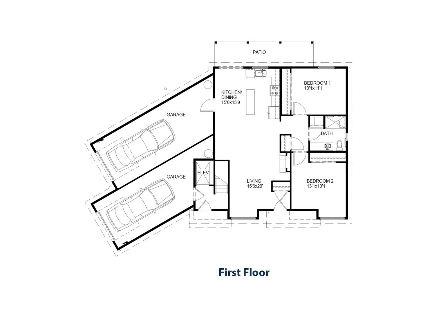 Architectural floor plan showing the layout of a first-floor residence with two bedrooms, a kitchen, living room, bathroom, patio, and two garages.