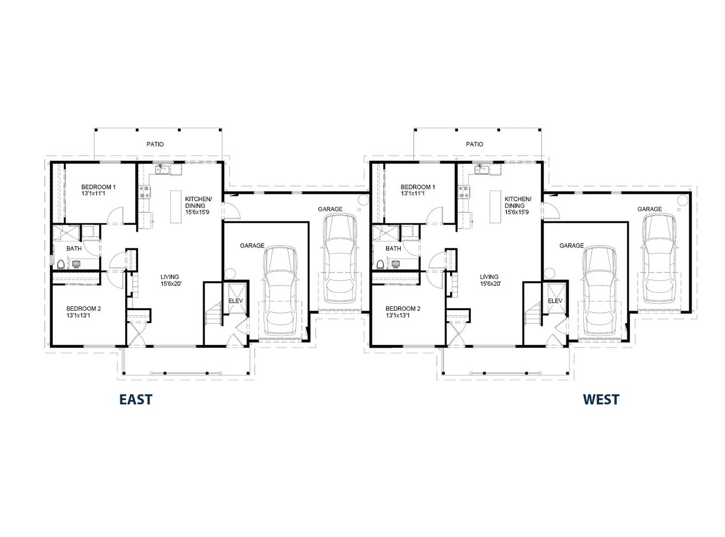 Architectural drawing of two mirrored residential floor plans, labeled East and West, showcasing living spaces, bedrooms, bathrooms, kitchen, and patio for community residents.