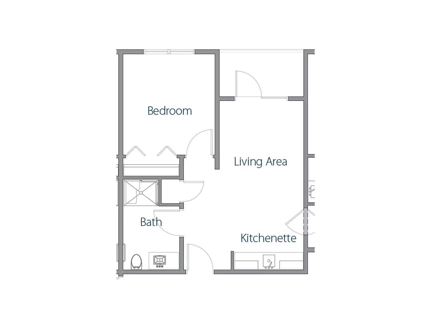 Floor plan of a residential unit at Mirror Lake, showing a bedroom, living area, bathroom, and kitchenette.