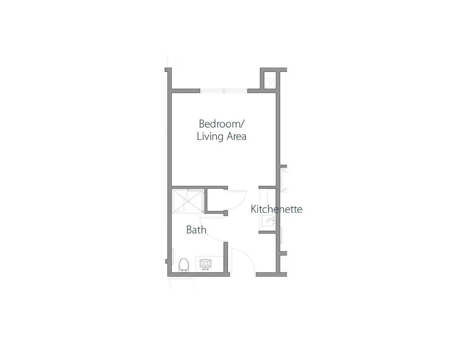 Architectural floor plan of a residential unit at Mirror Lake, featuring a combined bedroom and living area, kitchenette, and bathroom.