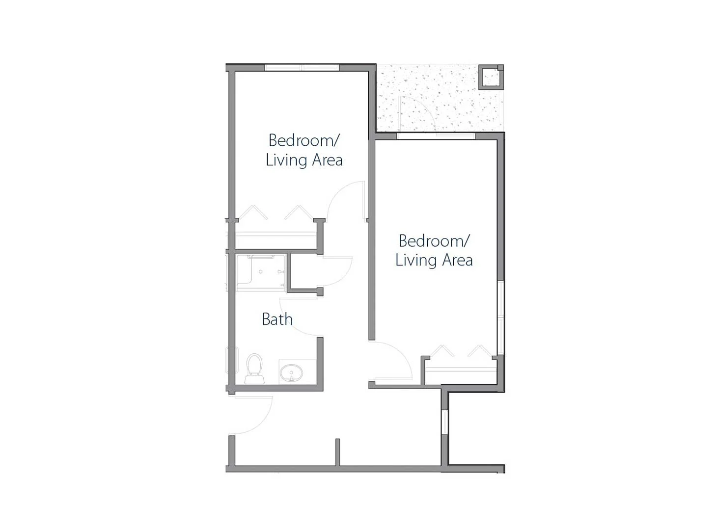 Floor plan of a residential unit featuring a bedroom/living area, bathroom, and patio.