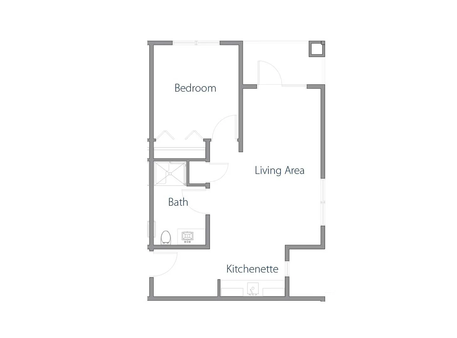 Floor plan of a residential unit at Mirror Lake, showcasing a bedroom, living area, bathroom, and kitchenette designed for comfortable senior living.
