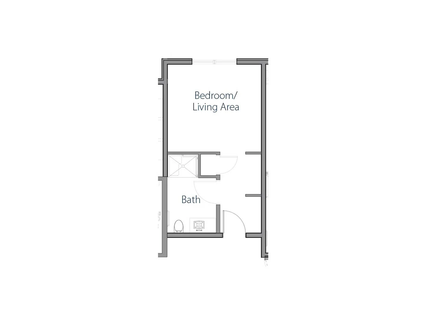 Floor plan of a studio living unit at Mirror Lake, featuring a combined bedroom and living area, and a separate bathroom with a toilet, sink, and shower.