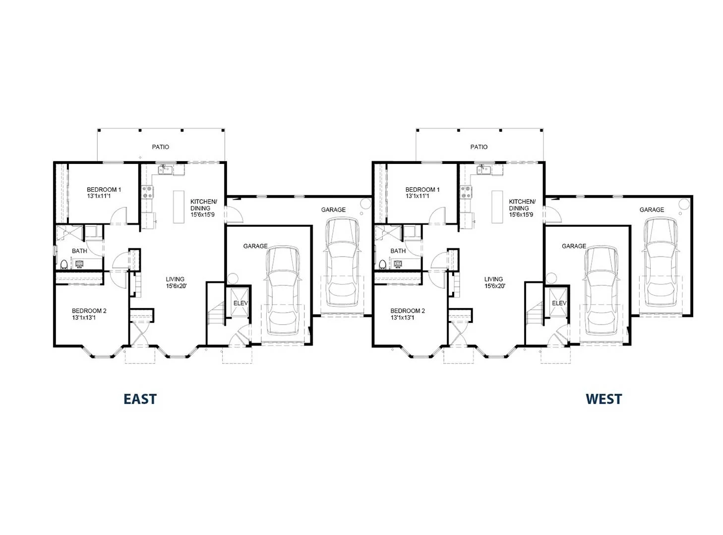 Two identical black and white floor plans for residential units, labeled East and West, detailing two bedrooms, bathrooms, living areas, kitchen, dining, patio, and garage.